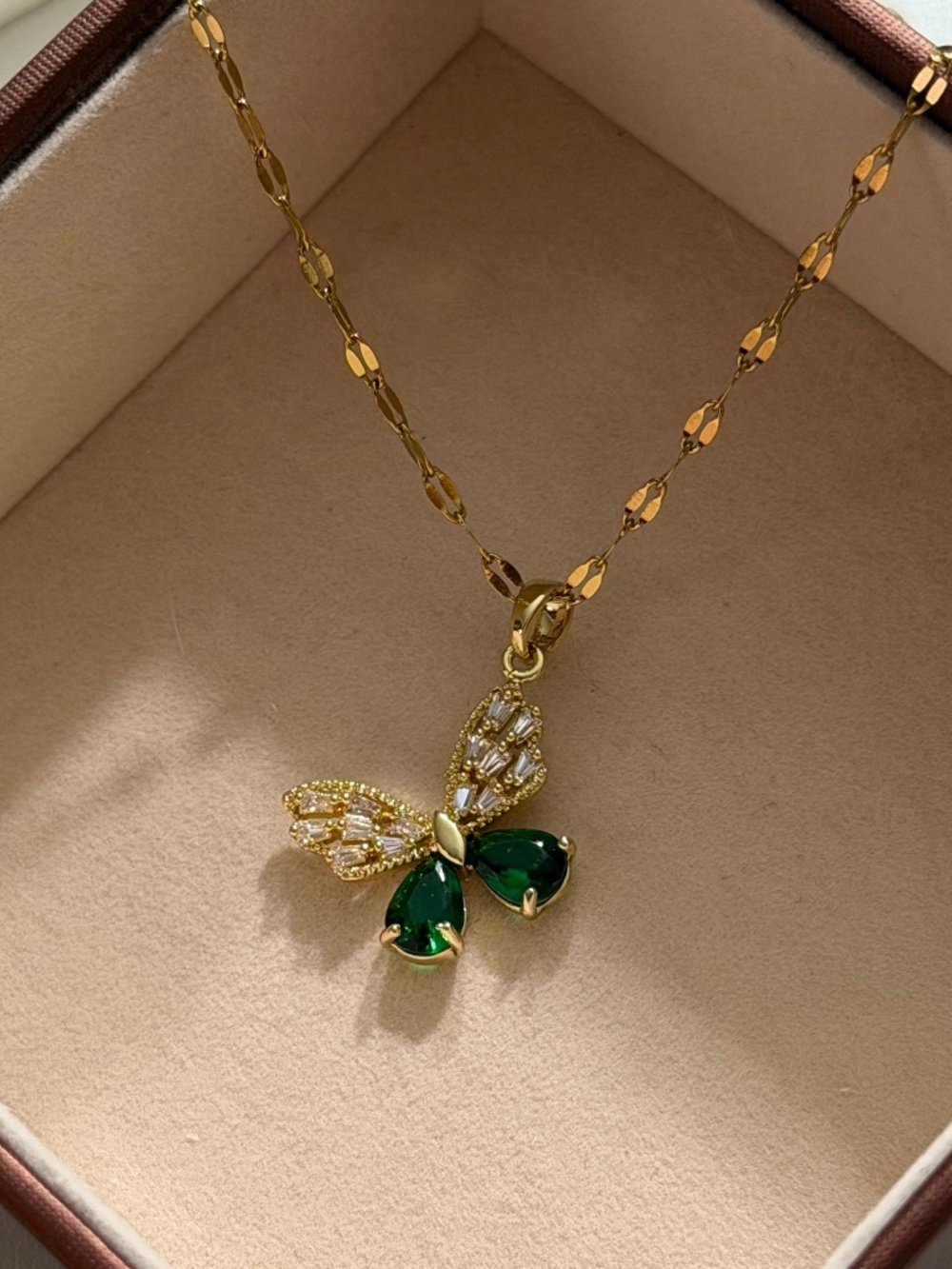 Golden Green Butterfly Micro-Inlaid Rhinestone Stainless Steel Stamped Necklace